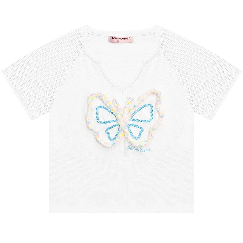 Butterfly V-neck Raglan Sleeve T-shirt | Hollow Knit Retro Design for Summer