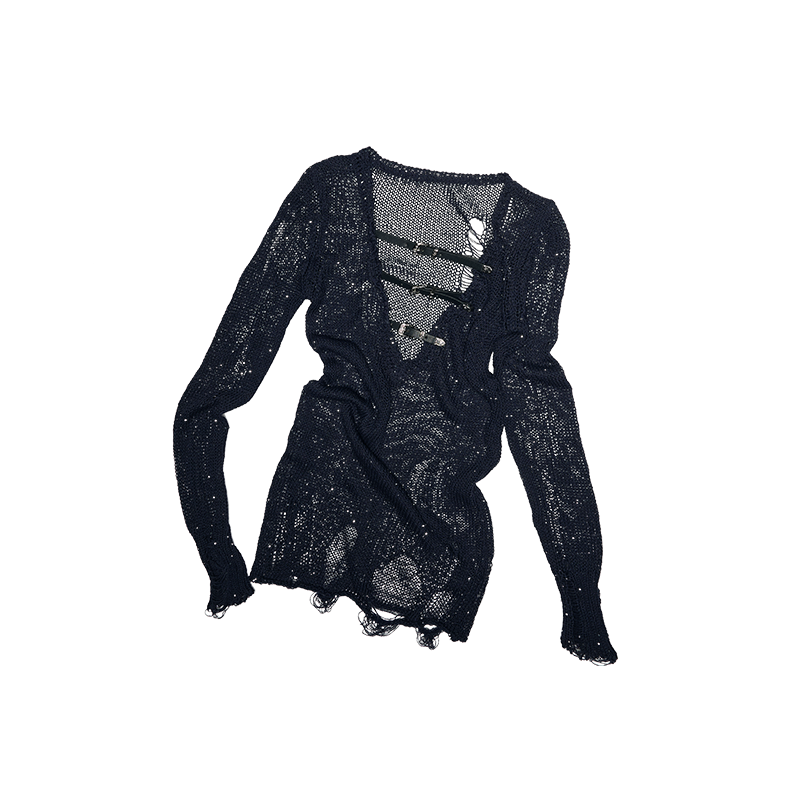 Beaded Cut-Out Knit Blouse – V-Neck Slim Semi-Sheer Knit