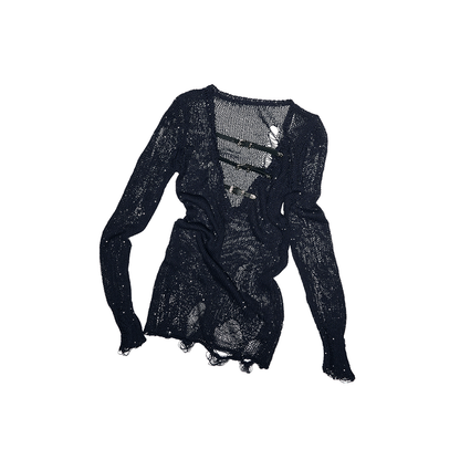 Beaded Cut-Out Knit Blouse – V-Neck Slim Semi-Sheer Knit