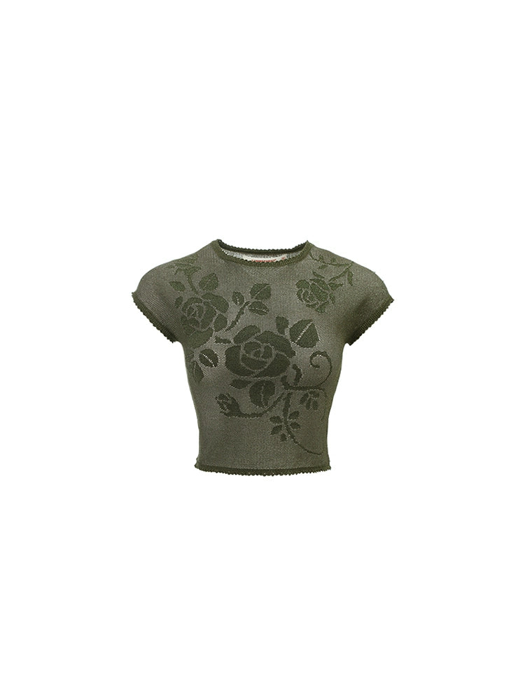 Rose Cutout Glitter Knit T-Shirt – Sheer Short Sleeve Slim Crop Top