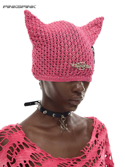 Cat-Ear Devil Knit Beanie – Unisex Y2K Punk Wool Hat