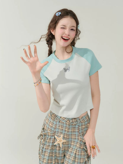 Contrast Stitch Raglan Sleeve T-shirt | Metal Butterfly Short Sleeve for Summer