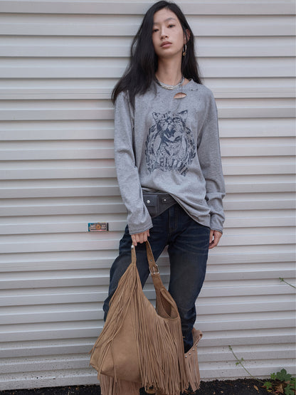 Cat Print Distressed Long Sleeve Tee