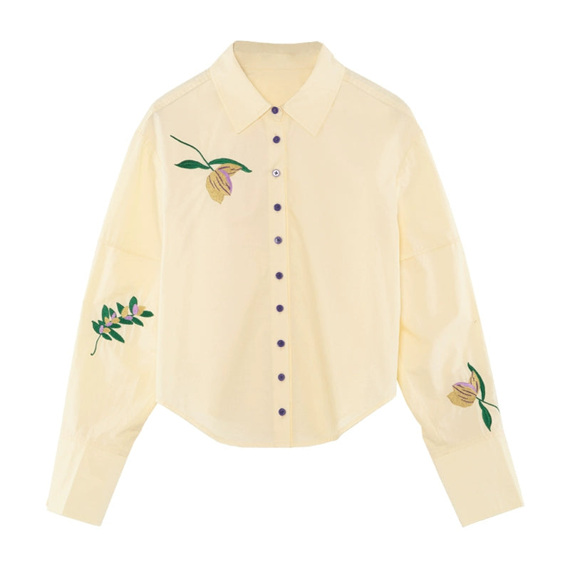 Flower Embroidered Cream Yellow Loose Shirt