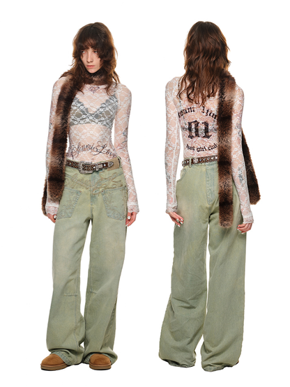 Small Stand-Neck Printed Lace Long Sleeve T-Shirt – Slim Fit Sheer Base Layer