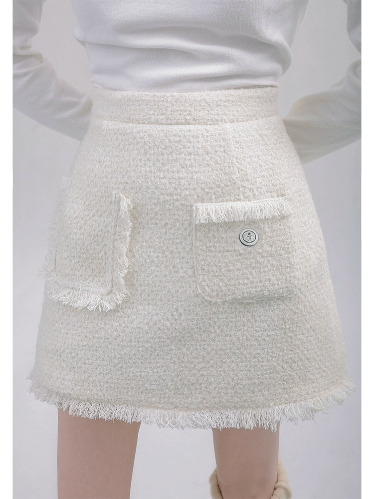 Coarse Tweed Wool Bag with Rose Buckle Fleece Edge Skirt