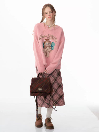 Pull chat rose | Style paresseux chaud et doux pour l’automne/hiver