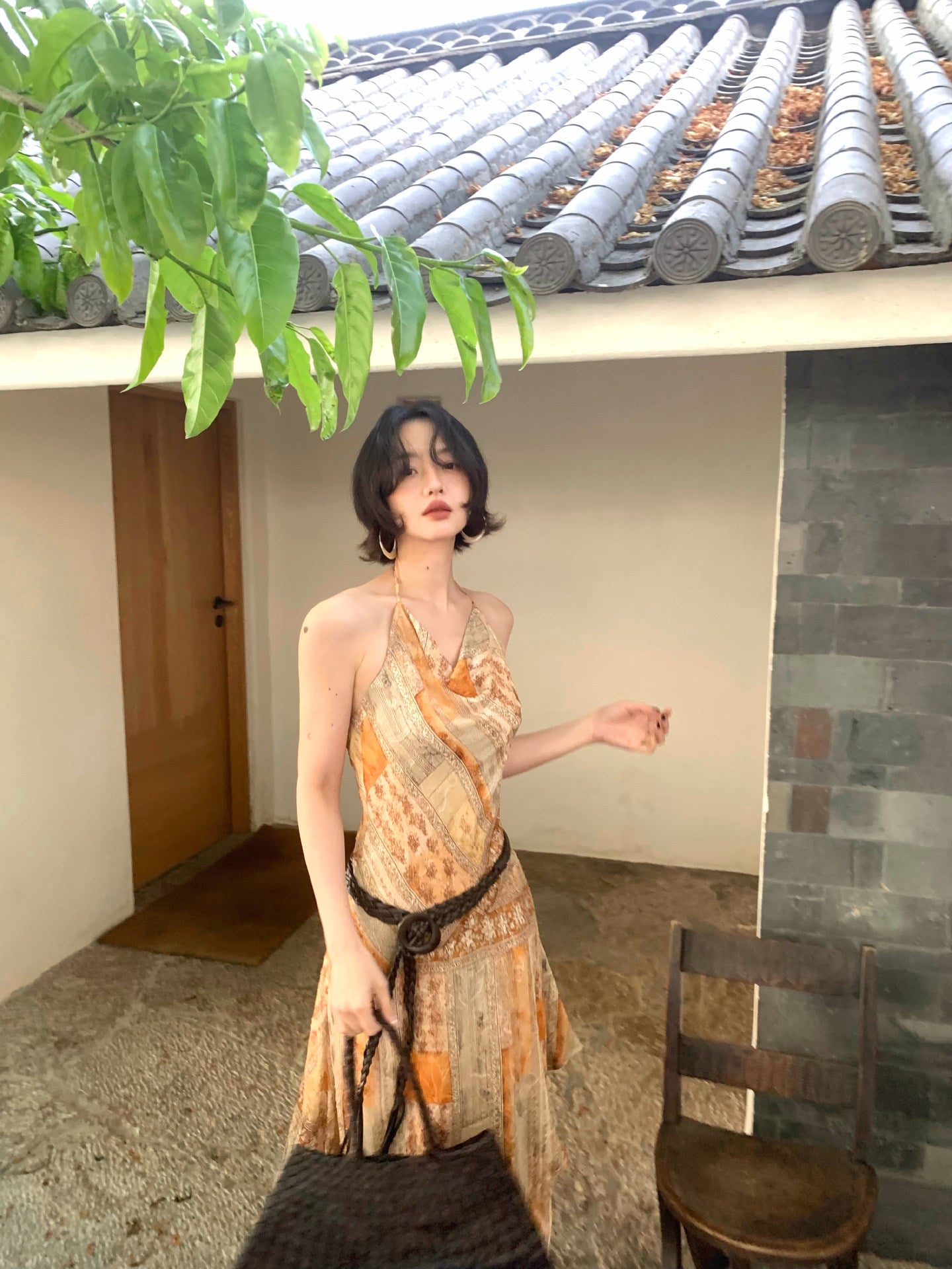 Orange Wild Weaving Dream Printed Halterneck Dress