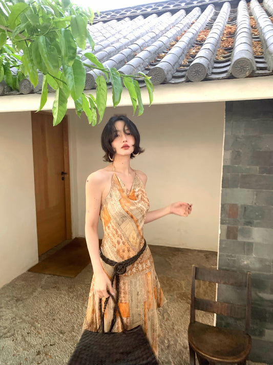 Orange Wild Weaving Dream Printed Halterneck Dress