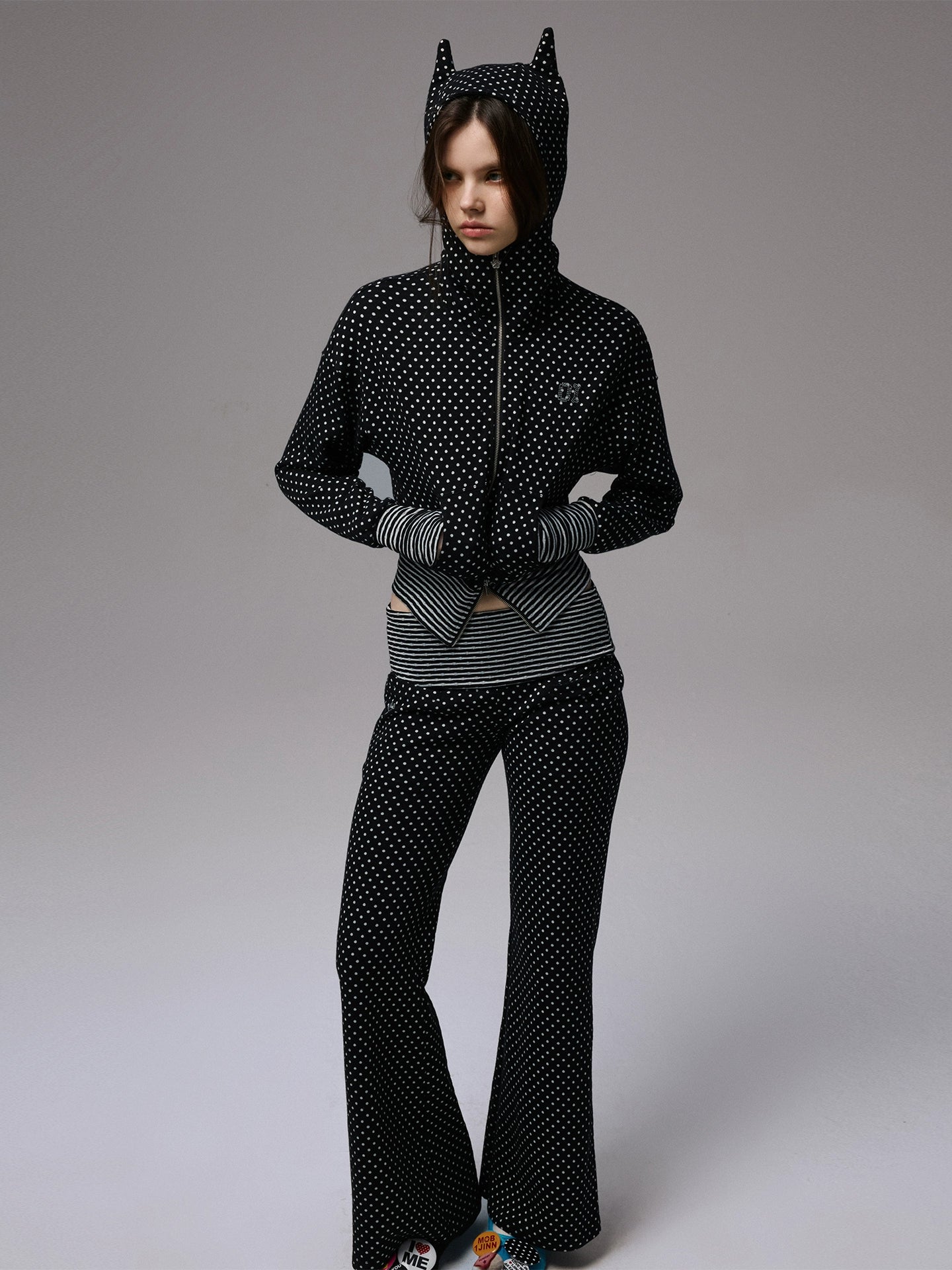 Polka Dot Devil Horn Cropped Hoodie – Slim Fit Streetwear Jacket