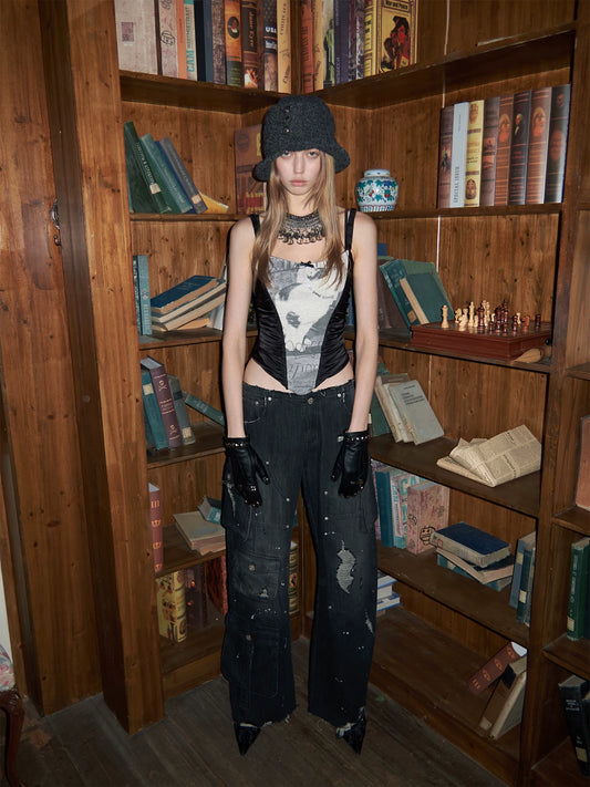 Retro multi-pocket cargo style washed denim jeans for women, loose fit, versatile, splatter paint, logging pants