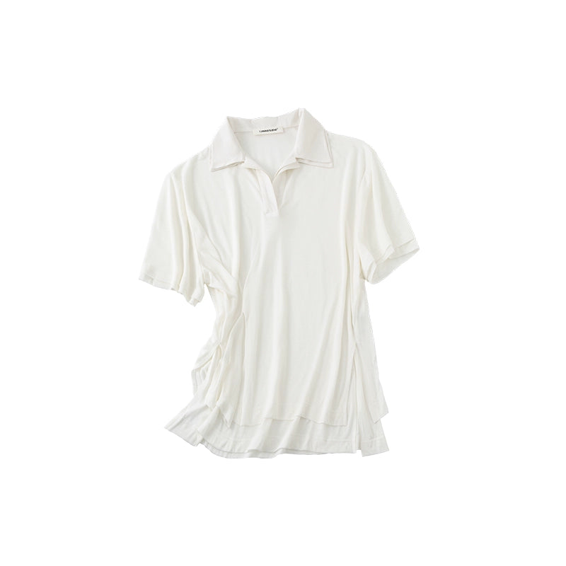 Two-in-One Loose Polo Blouse – Irregular Stitched Oversized Midi Top