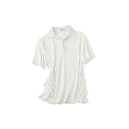 Two-in-One Loose Polo Blouse – Irregular Stitched Oversized Midi Top