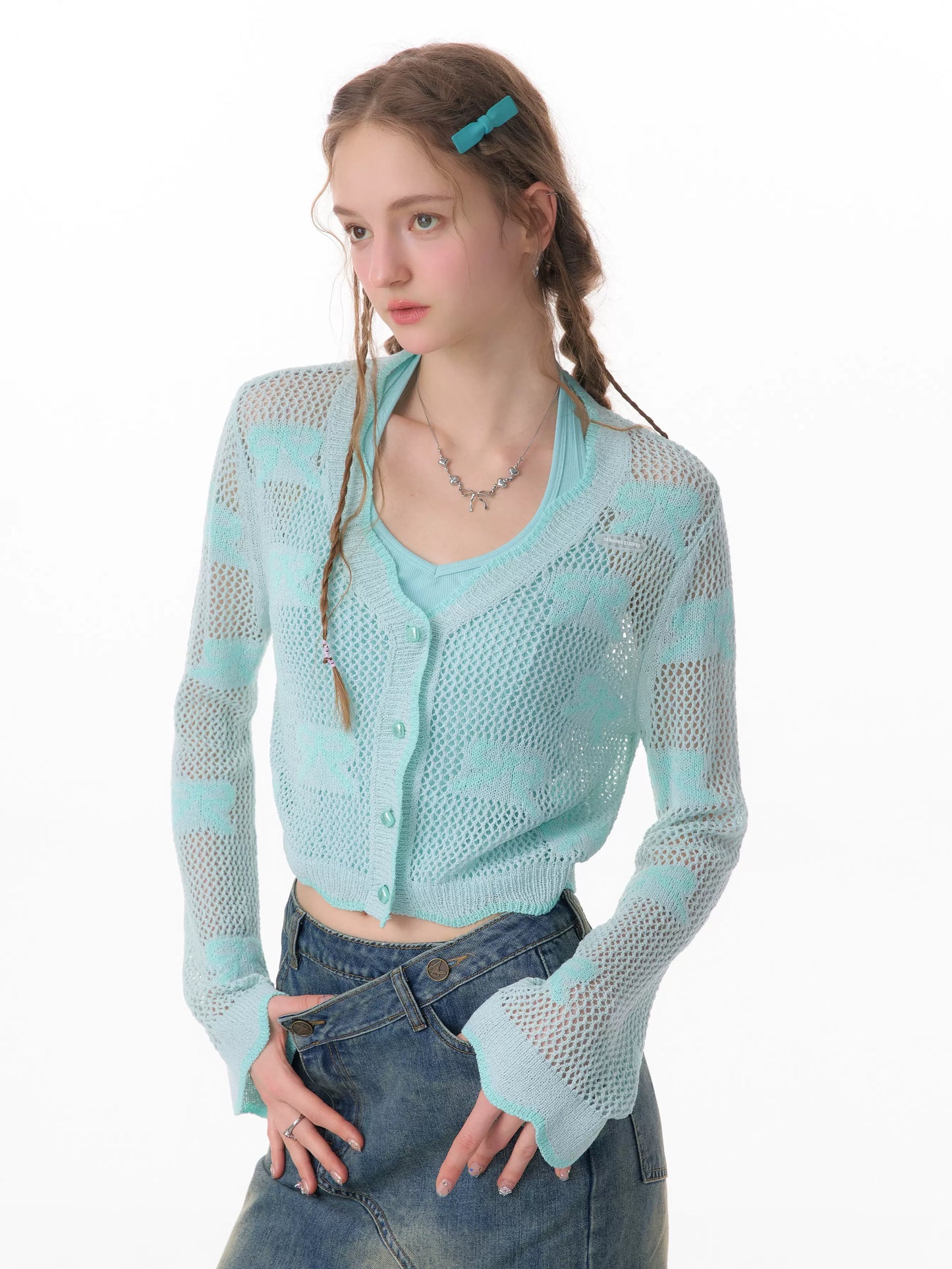 Mint Bow Short Sleeve Cardigan | Lightweight Hollow Sunscreen Knit for Summer