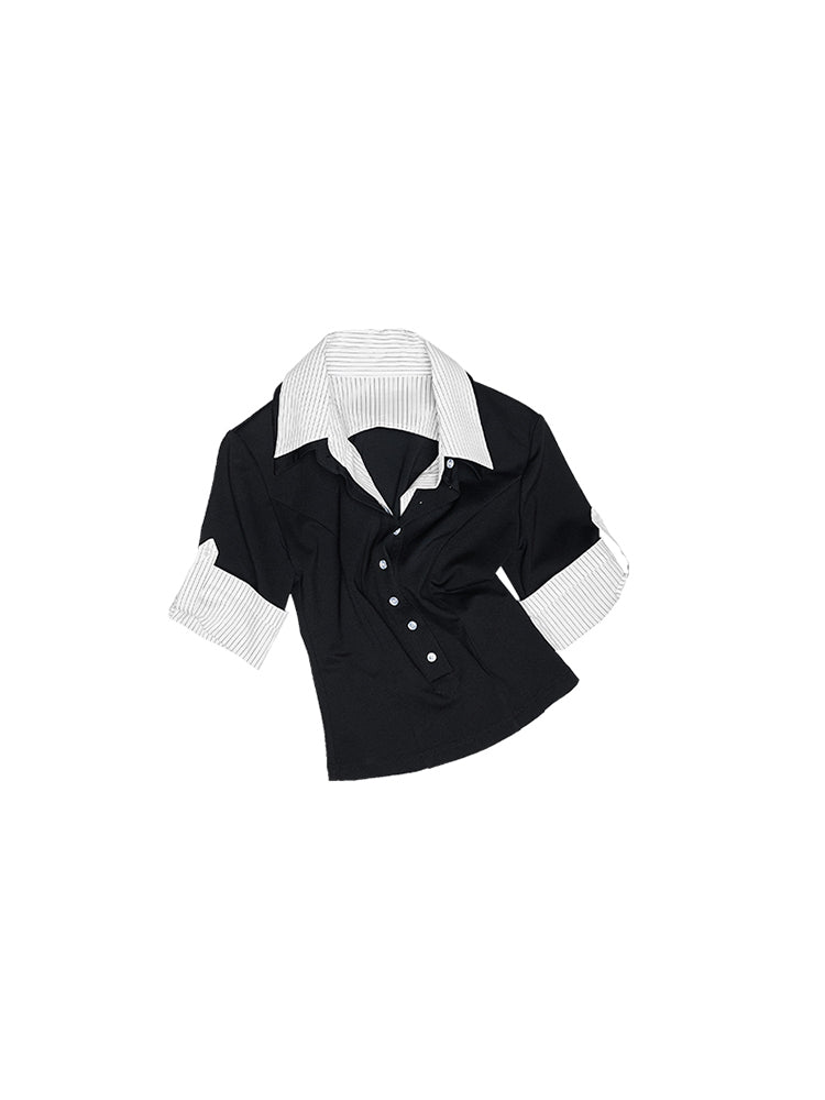 Fake Two-Piece Deep V Polo Tee – Cropped Slim Short Sleeve