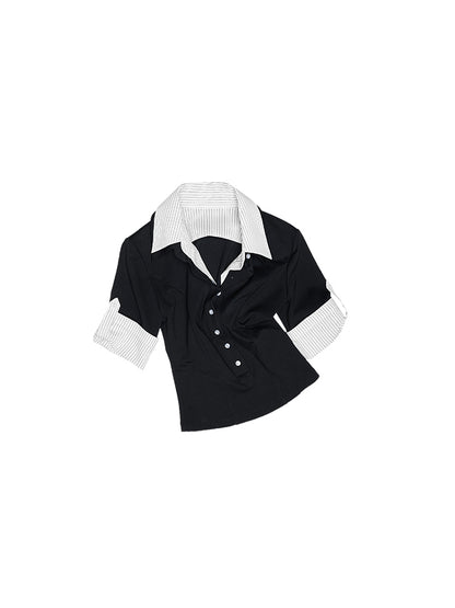 Fake Two-Piece Deep V Polo Tee – Cropped Slim Short Sleeve