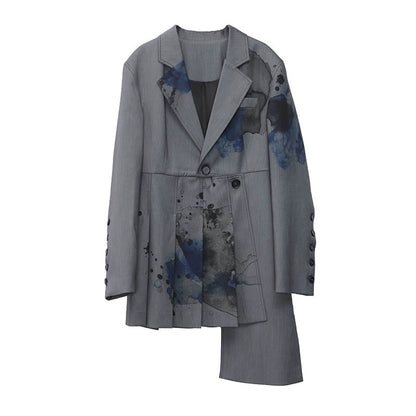 Ink Print Pleated Hem Suit Jacket T324