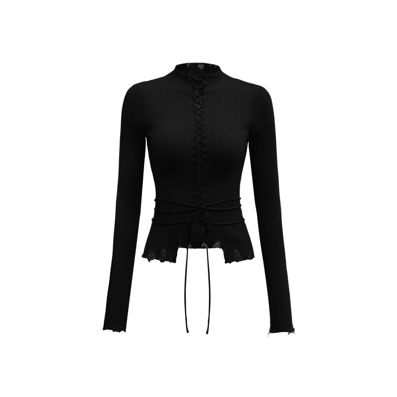 Cut-Out Strappy Turtleneck Base Layer – Slim Long Sleeve Top