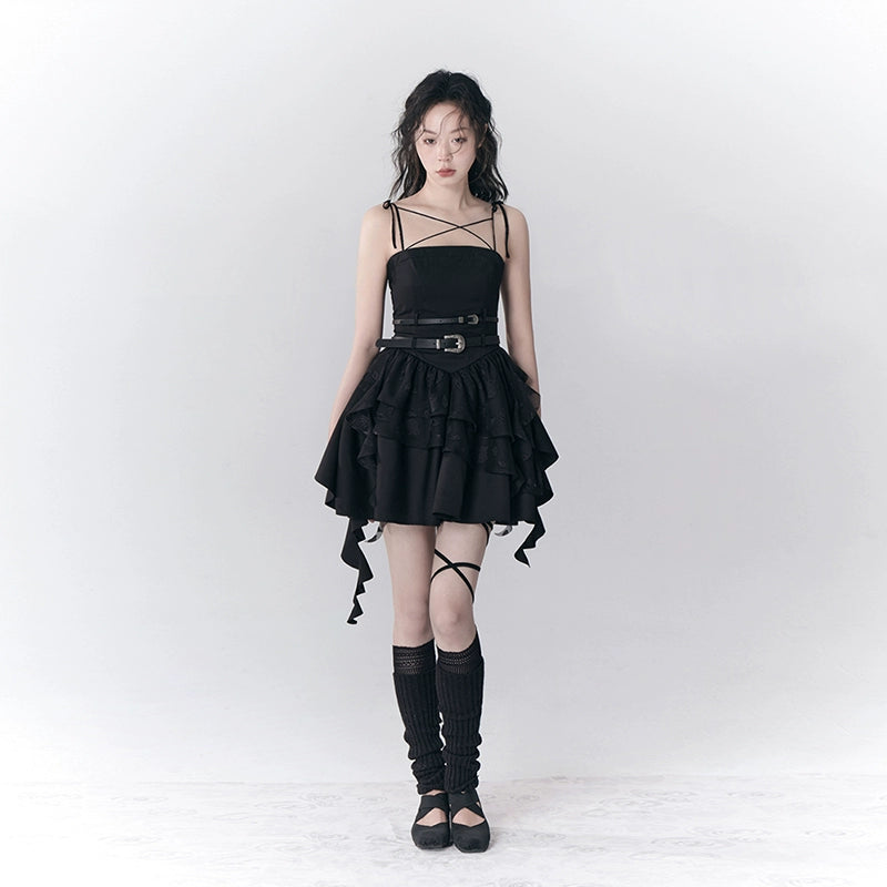 Ballet Nocturne Retro Punk Ruffle Edge Strappy Dress