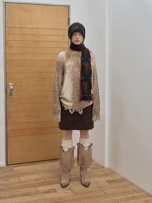 Deer Print Distressed Knit Sweater