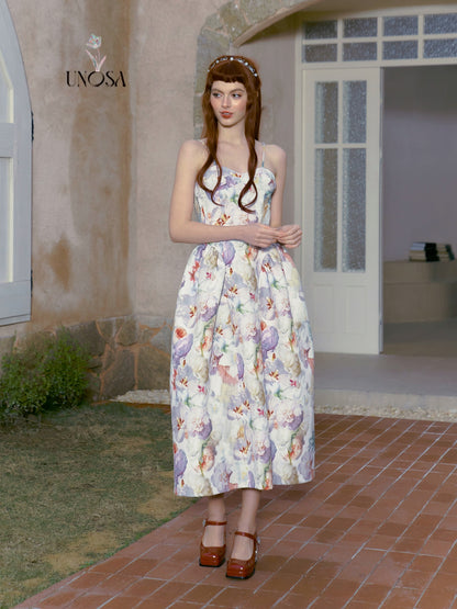 Misty Floral Print Strap Dress with Cinched Waist and Large Skirt Hem