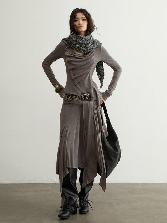 Pleated Patchwork Midi Skirt | Sculptural Button Detail Skirt