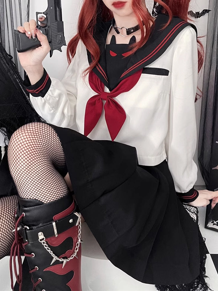 JK Uniform with Little Demon Embroidery Long-Sleeve Top