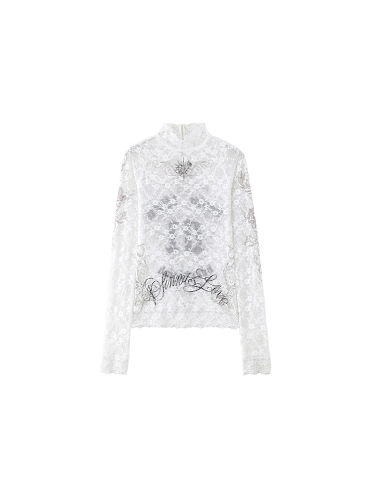 Small Stand-Neck Printed Lace Long Sleeve T-Shirt – Slim Fit Sheer Base Layer