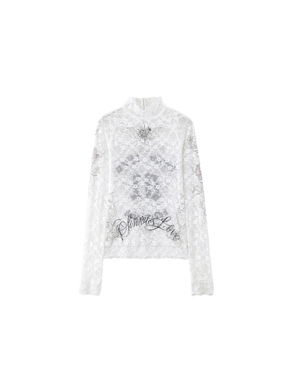 Small Stand-Neck Printed Lace Long Sleeve T-Shirt – Slim Fit Sheer Base Layer