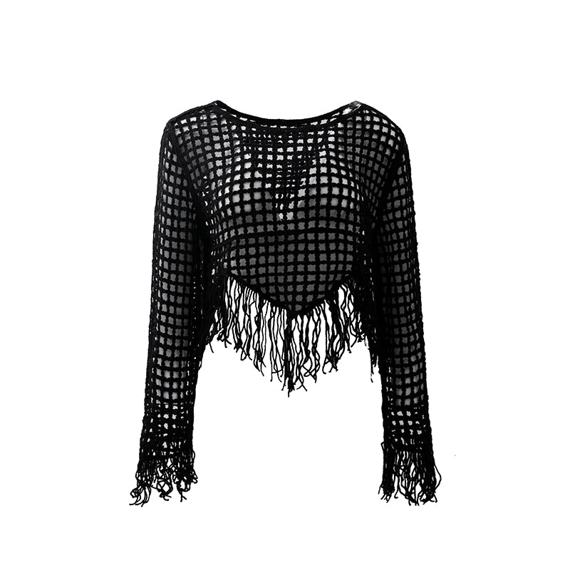 Original Design Gentle Broken Hand Hook Diamond Grid Hollow Hook Flower Tassel Sun Protection Thin Knit Shirt