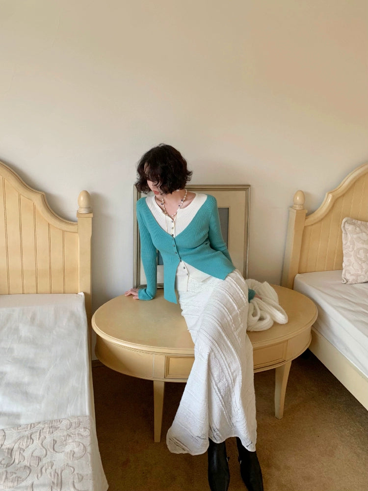 Twill Lace High-Waist Skirt with Light Salt Elegance