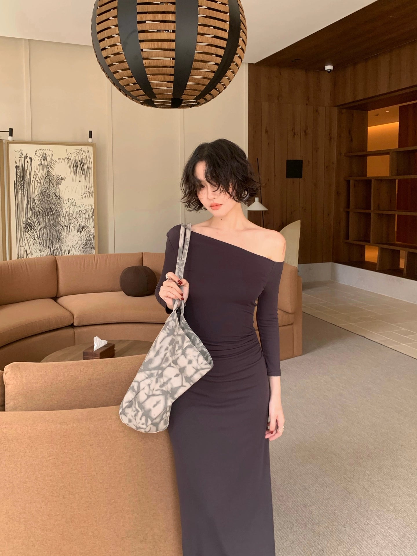 Pearl Girl Asymmetric Off-Shoulder Waist-Gathered Maxi Dress – Autumn Chic