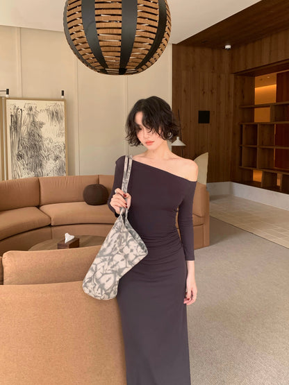 Pearl Girl Asymmetric Off-Shoulder Waist-Gathered Maxi Dress – Autumn Chic