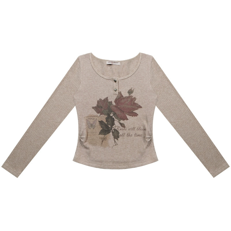 Butterfly Print Long Sleeve Knit Top | Slim Fit Retro Style for Autumn/Winter