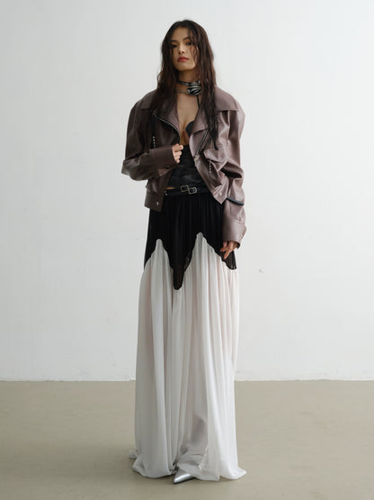 Contrasting Patchwork Rivet Long Chiffon Skirt