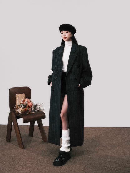 Dark Grey Vertical Stripe Double-Breasted Long Wool Coat
