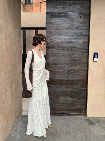 French Retro Lace Cross-Neck Top & High-Waisted Skirt Set – Autumn Style