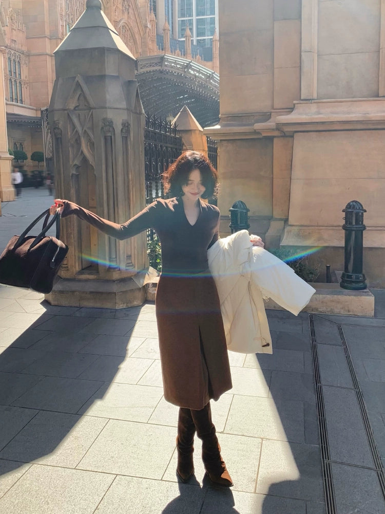 High-Waist Front Slit Wool Tweed Haute Skirt (Winter Jane)