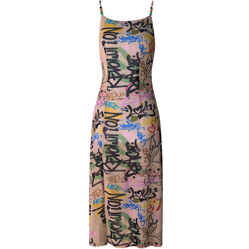 Beaded Graffiti Print Waist Wrapping Sling Dress