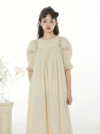 Gentle Milk Yellow High Waist Long Rose Lace Dress