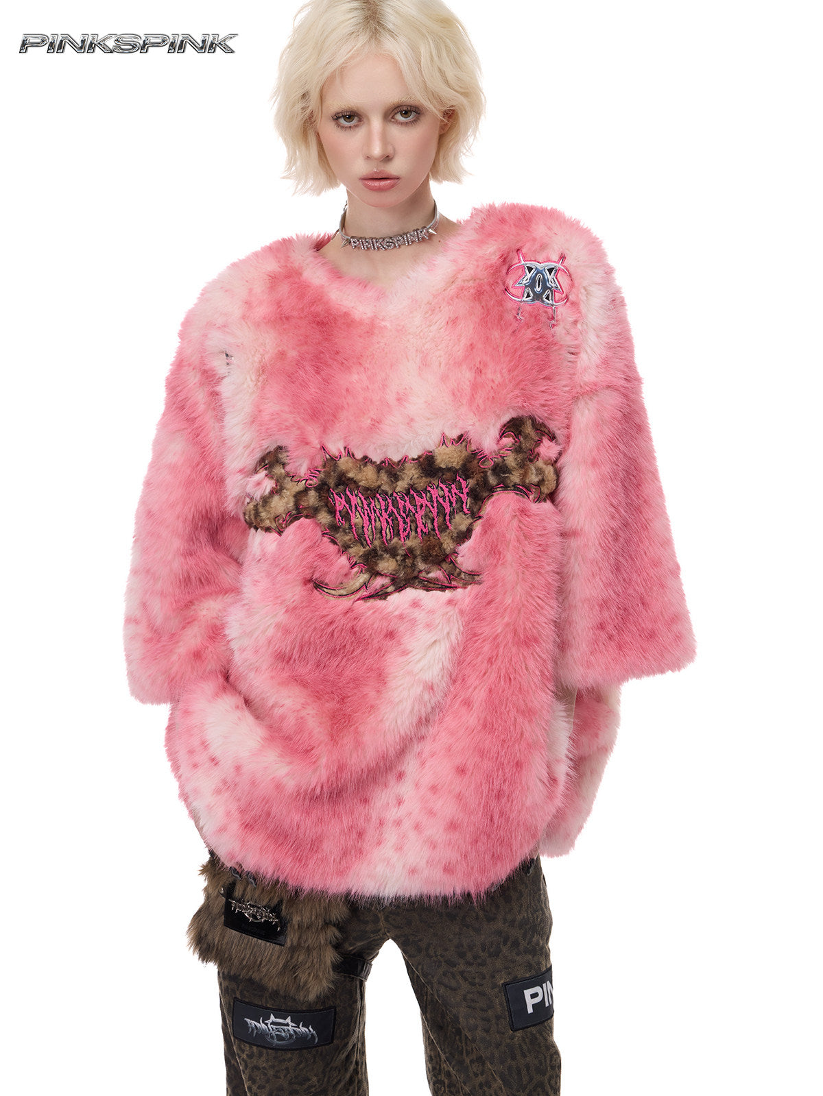 Electric Moon Leopard Heart Embroidered Pink Y2K Fur Top
