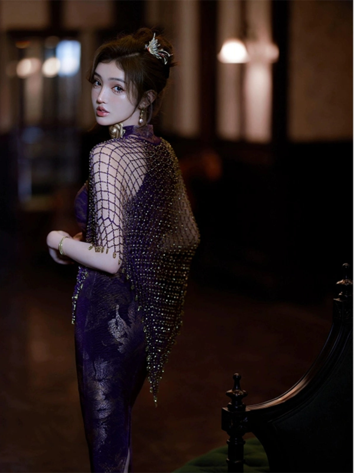 Modern Cheongsam – High-End Purple Jacquard Hip-Wrap Dress