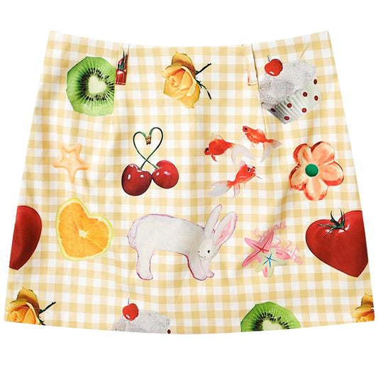 Fruit Print Short Skirt | Retro Yellow High Waist Slim Fit Summer Style