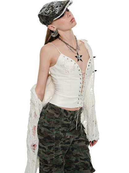 French Cut-Out Lace-Up Leather Camisole – Slim Embroidered Design
