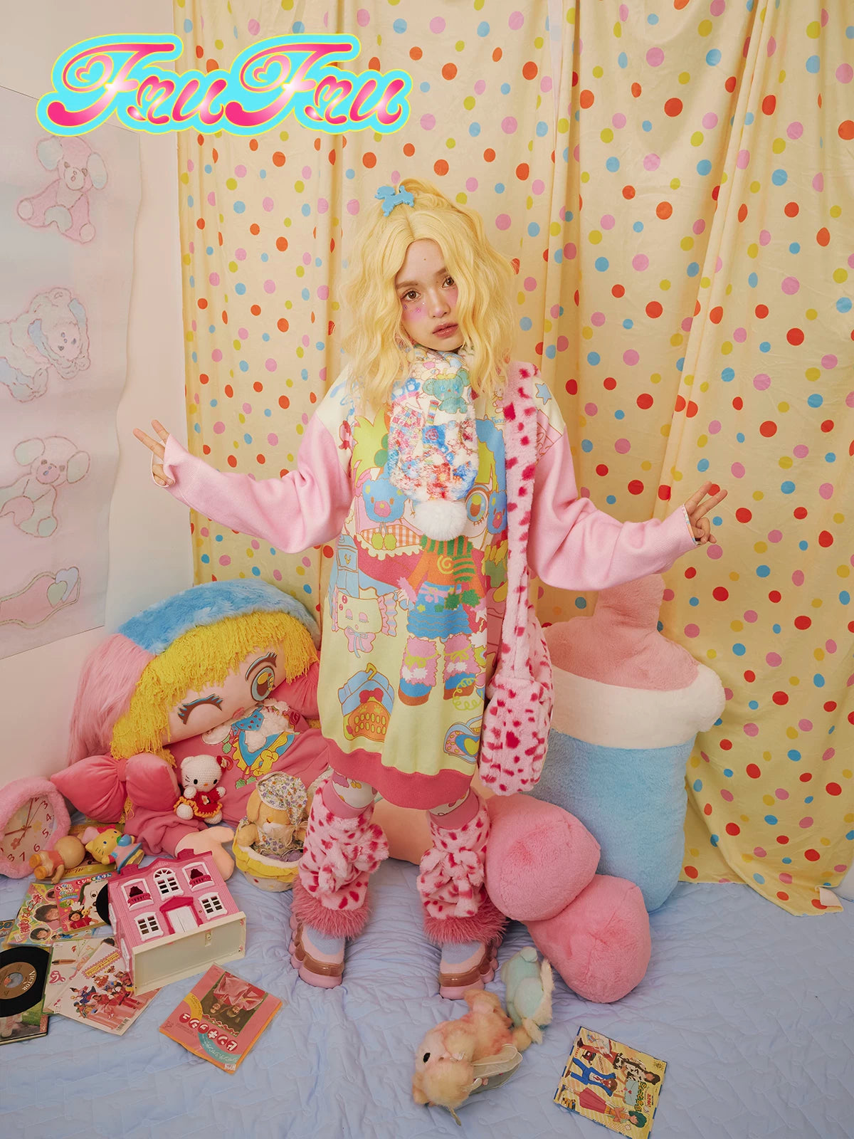 Gollum Store Girls' Room Autumn/Winter Retro Cute Colorblock Pink Beautiful Girl Knit Long Sweater
