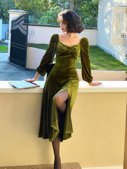 Square-Neck Velvet Long Sleeve Slit Dress – French Retro Winter Style