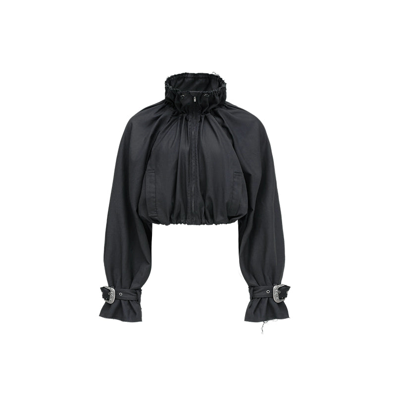 Grey Cropped Balloon Jacket – Waistless Crew Neck Jacket for Spring and Autumn