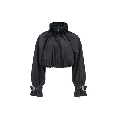 Grey Cropped Balloon Jacket – Waistless Crew Neck Jacket for Spring and Autumn