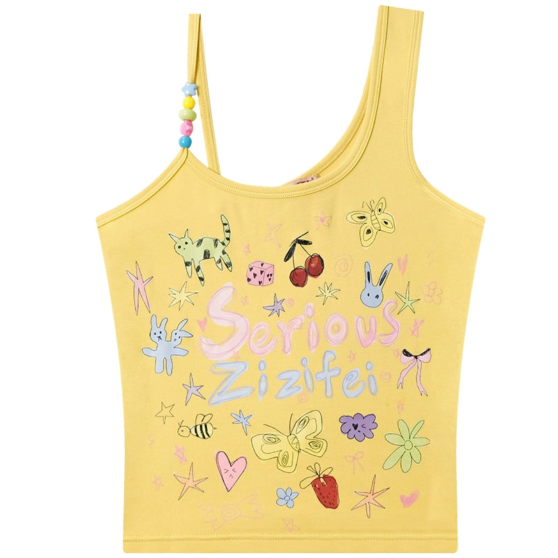 Cartoon Graffiti Beaded Tank Top | Strap Design for Summer