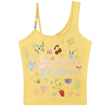 Cartoon Graffiti Beaded Tank Top | Strap Design for Summer